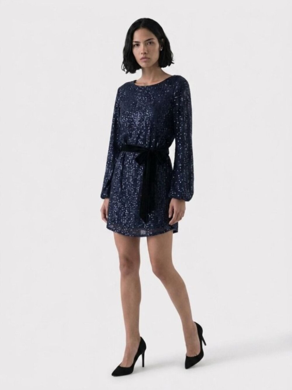 Sequined Navy Blue Long Sleeve Mini Dress With Belt - Dress Forum Los Angeles - - Picture 5 of 6